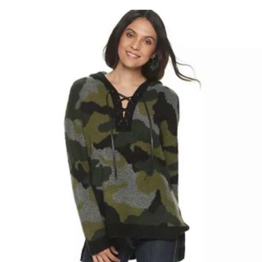 Rock & Republic Camouflage Hooded Sweater Leather tie up
